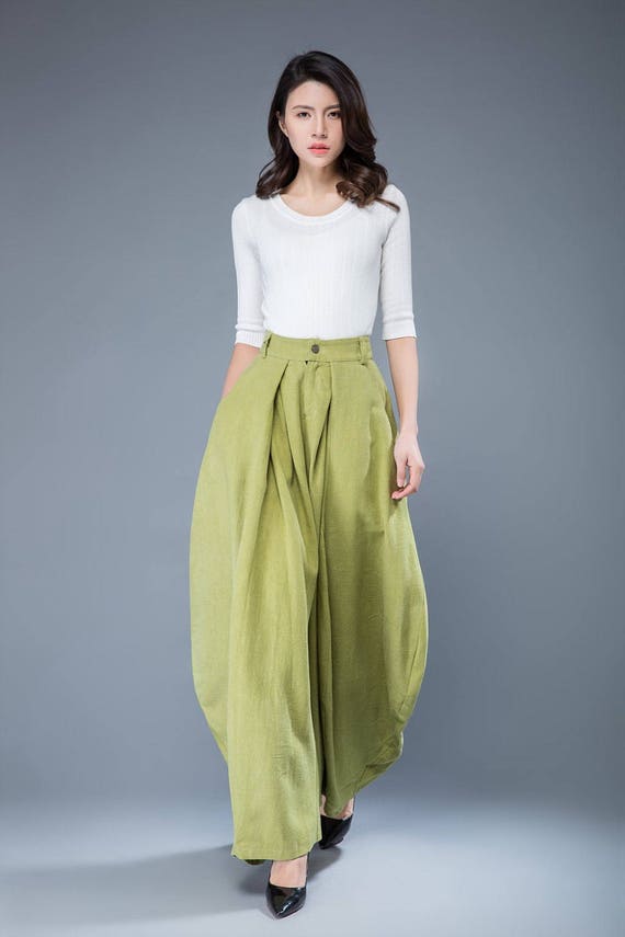 lime green pants loose fit pants wide leg pants women's