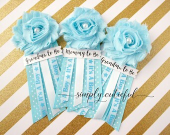 Blue Baby Shower Pins Corsages, Mommy to Be Grandma to Be Pins Set, It's a Boy Baby Shower