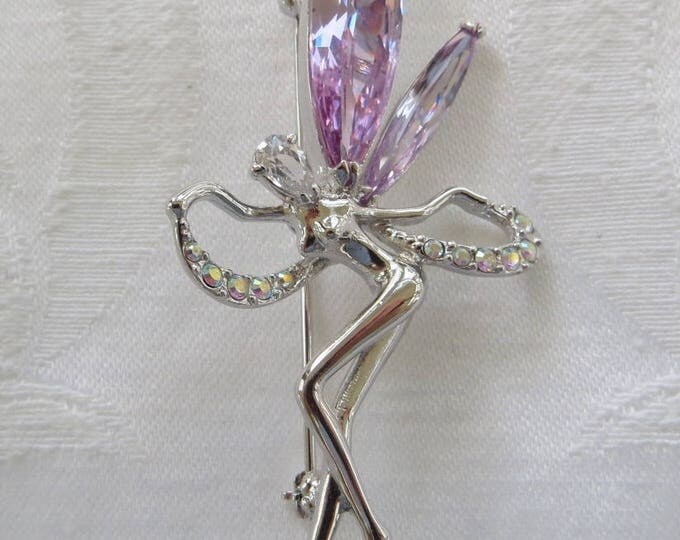 Kirks Folly Fairy Brooch, Purple Art Glass Wings, Aurora Borealis Rhinestones, Vintage Fairy Pin