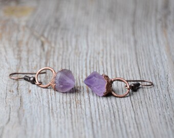 raw amethyst earrings crystal rough amethyst earrings hoop copper electroformed earrings gift for women february birthstone