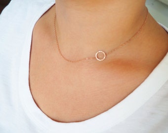 Rose Gold Circle Necklace, Sideways Rose Gold Necklace, Gift for Her
