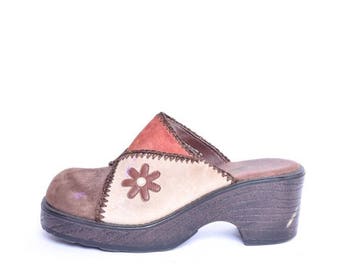 Vintage 90's Suede Leather Clogs / Patchwork Suede Clogs / Brown Leather Platform Clogs