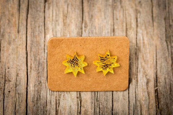 FREE SHIPPING WORLDWIDE - Gold Christmas Stars Earrings - Surgical Steel - Studs - Gift Box - Handmade Bamboo Wood Earrings - Studs