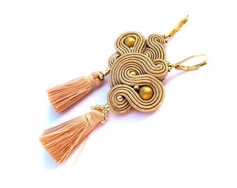 Gold Tassel Earrings, Nude Dangle Earrings, Soutache Earrings, Handmade Earrings, Tassel Earrings, Fringe Earrings, Beaded Tassel Earrings