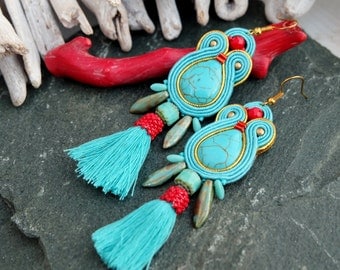 Turquoise Red Soutache Earrings-Long Tassel Turquoise Earrings-Ethnic Earrings-Hippie Boho Earrings-Statement Beaded Dangle Earrings