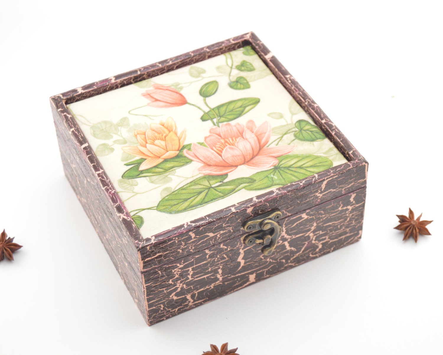 Decoupage jewelry box wooden box cracked surface floral