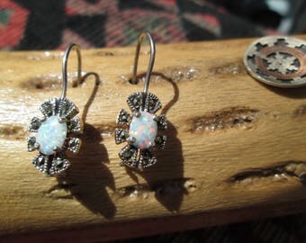 Opal, Marcasite and Sterling Dangle Earrings