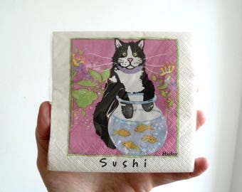 Vintage Paper Napkins, Cat, Sushi, Hatley Serviettes, Original Package, Vintage USA Paper Napkins, Paper Product, Party Supplies