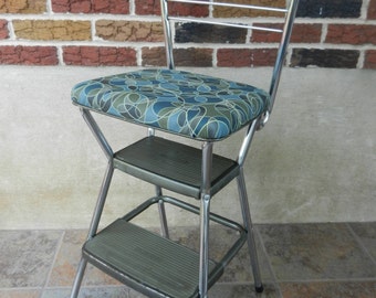 Vintage Cosco Step Stool and Chair, New Padding and Vinyl, Flip Seat, Kitchen Stool, Abstract Olive and Teal Vinyl, Booster Seat