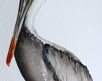 Original watercolor painting bird art Brown Pelican by Betty Moore