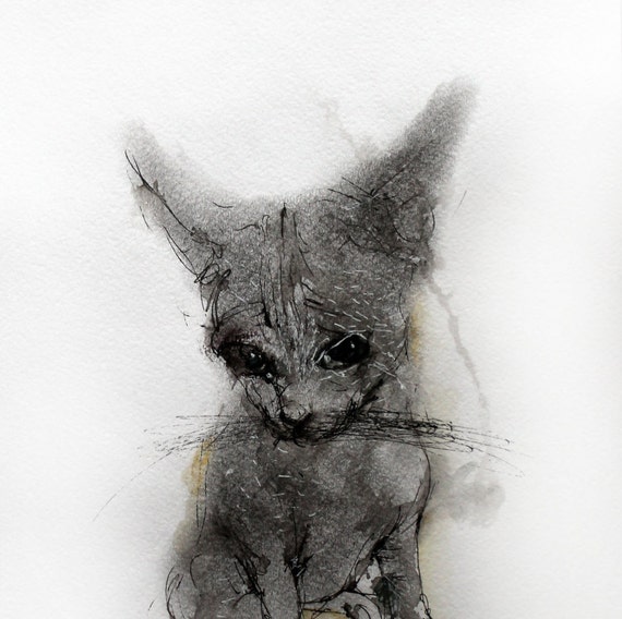 Watercolor charcoal painting Little Kitten. Original Charcoal