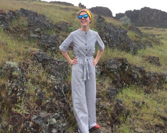 Striped Jumpsuit / Vintage Wide Leg White & Blue Engineer Stripe Small Womens Romper