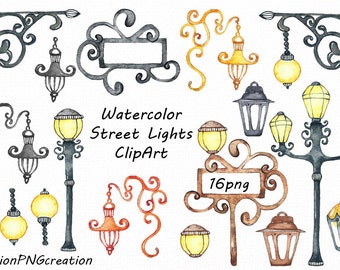 Watercolor Street Lights Clipart, street lamps clip art, transparent backgrounds, Digital, PNG, For Personal and Commercial Use