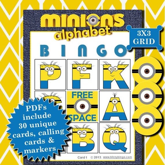 Minions Alphabet 3x3 Bingo printable PDFs contain everything
