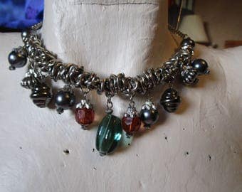 vintage 27.1/2"silvertone metal necklace with heavily beaded front of assorted beads great condition