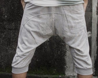 Tribal Grey Man's Harem Trousers, Men's Drop Crotch Harem Pants, Man's Boho Cotton Short Pants, Men's Trousers, Man's Festival Harem pants
