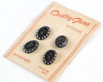 1950's Black Flower - Washable Glass Buttons - on original card