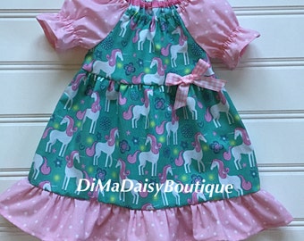 Turquoise Unicorn Dress for Baby, Baby Dress, Little Girl Dress, Girl Summer Dress, Toddler Dress, Ruffle Dress, Pink Dress