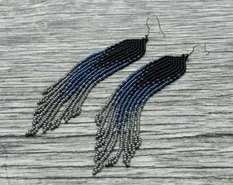 Grey fringe earrings, beaded earrings, extra long tassel earrings, boho style, Native American jewelry, seed bead earrings