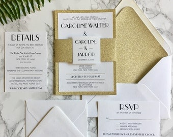 Gold Glitter Wedding Invitation with Glitter Belly Band, 20's Themed Wedding Invitation, Art Deco Wedding Invitation