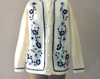 Embroidered Sweater Womens Cardigan Blue Floral Medium