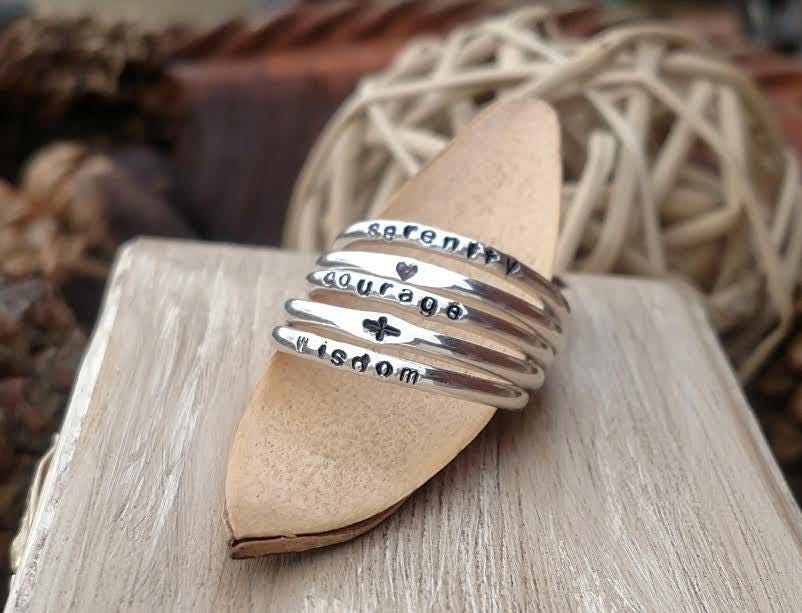Inspirational Jewelry Gift Serenity Prayer Ring Set Stackable Dainty Personalized Rings Cross Ring Heart Ring Religious Encouragement Gift