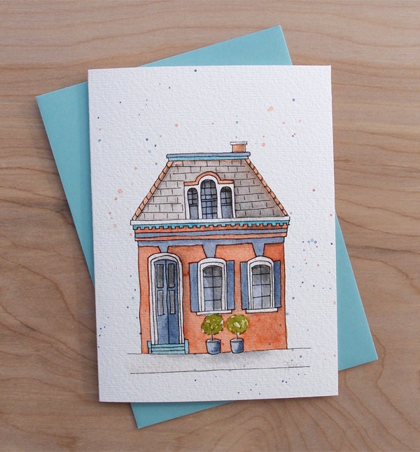 Colorful House Printed Watercolor Greeting Card New Home