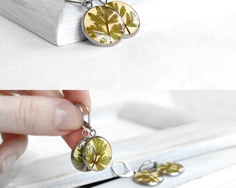 Dangle earrings for her Leaf jewelry for mother Yellow green earrings set Round earrings for wife Leaf earrings Large earrings Forest green
