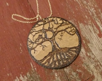 Tree of life wood burned necklace