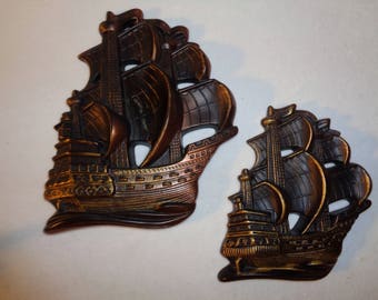 Vintage Miller Studio Chalkware SHIP PLAQUES - Vintage Nautical Wall Decor - 1964 - Set of 2