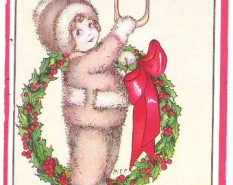 Antique Christmas Postcard Stecher Litho Co. Embossed Child at Door C16