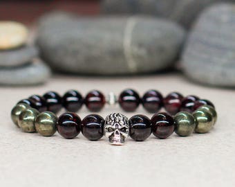 Unisex Skull bracelet Men bracelet Skull jewelry-for-women gift men Garnet bracelet Pyrite bracelet Punk jewelry Rocker jewelry Goth jewelry