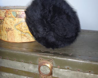 Black Fur Pillbox Hat by Ann Marie/ 1940's-1950's Black Fur Pillbox Hat