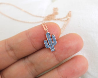 Dainty Rose Gold Cactus Necklace, Tiny Rose Gold with Turquoise Stone Cactus necklace, Dainty Necklace,,Birthday Gift, Bridesmaid Gift,6015