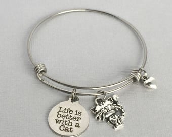 Life is Better with a Cat Bracelet, Cat Charm Bangle, Cat Charm Bracelet, Cat Lover Jewelry, Gift for Cat Lover, PET017