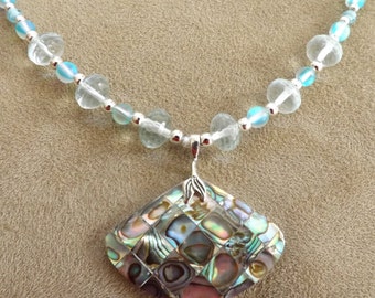 Abalone Shell Inlay Pendant with Aqua Marine and Turquoise Cat's Eye Beads