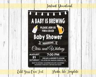 Baby is Brewing Invitation, Co Ed Baby Shower Invitation, A Baby Is Brewing Invitation, Printable, Rustic, Wood, Beer Mugs, 10005