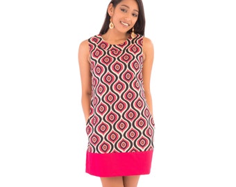 60s Style Summer Cotton Tunic Dress Pink White Black Print with Pockets