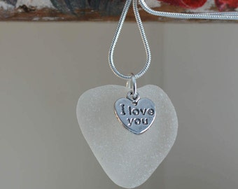 Sea glass necklace heart seaglass love necklace pendant jewellery jewelry Celtic Sea Glass Gift for Her Silver plated chain One of a kind 10