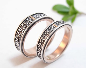 wedding ring set wedding band set cherry blossom silver and 14k rose gold mens wedding - 14k Gold Wedding Ring Sets wedding ring set wedding band set cherry blossom silver and 14k rose gold mens wedding - 14k Gold Wedding Ring Sets