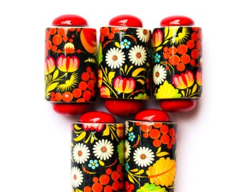 Red hot flower beads - 5 Handmade polymer clay beads - flower barrel beads - Handmade beads