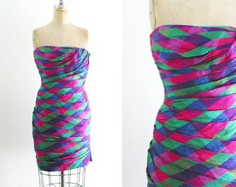 Vintage 1980s Plaid Cocktail Dress 80s Cocktail Dress 80s Prom Dress 80s Party Dress 80s Dress 80s Plaid Dress Rainbow Small Size 4 S