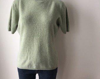 Sage green cashmere sweater turtleneck Short sleeved knit top gift for her retro 50s from the 90s mongolian cashmere plus size USA XL