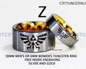 Legend Of Zelda Inspired 10MM Or 6MM Tungsten Wedding Ring, Brushed Silver And Gold Plate Interior With Black Edge, Free Inside Engraving