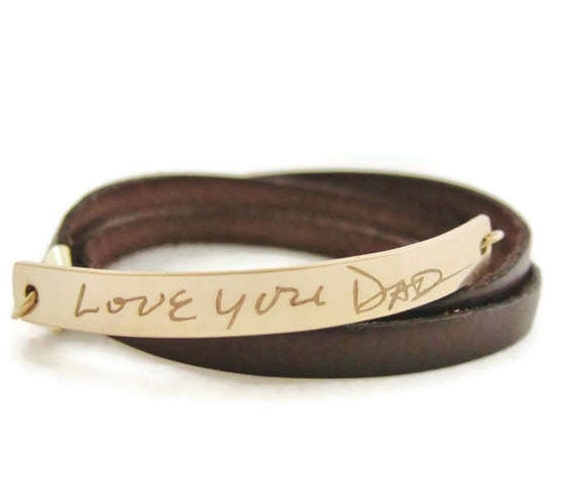Personalized Handwriting Bracelet, Gold Bar Bracelet, Leather Wrap Bracelet, Custom Handwriting, Memorial Jewelry, Signature Bracelet