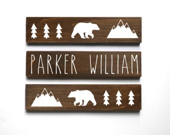 Woodland Nursery Decor, Mountain Nursery Decor, Personalized Baby Gift, Baby Bear Nursery Decor, Baby Name Sign, SET OF 3 SIGNS