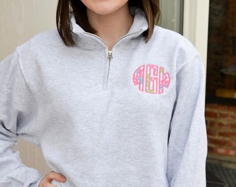 Lilly Pulitzer Applique Pullover- Monogram Sweatshirt- Monogrammed Quarter Zip Pullover- Lilly Monogram- Lilly Pullover