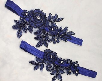 Eden Wedding Garter Set, Navy Blue Garter, Navy Lace Garter, Flower Lace Garter, Navy Wedding Garter, Blue Lace Bridal Garter, Navy Garter