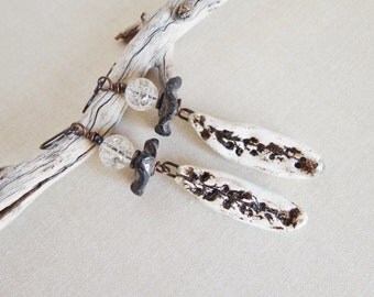 Nzima,Crystal Quartz gemstone,Rustic,Primitif Urban,Black,White,Bijoux,Christmas Woman,Gift For Her,Yeelen Spirit,Handmade dangles Earrings