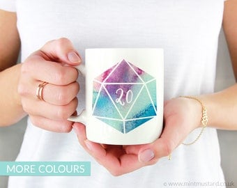 D20 Dice Mug | Colour Options | 11oz White Ceramic Coffee Mug | Dungeons and Dragons | RPG | Gift for Geeks